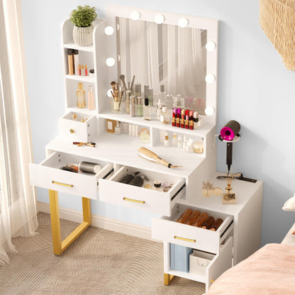 YITAHOME 41.3'' Vanity Desk with Mirror and Lights, Makeup Vanity with Drawers, Shelves, Cabinet, Power Outlet, Dressing Table Set with Stool, 3-Color Adjustable Lighting, Bedroom, Ivory White