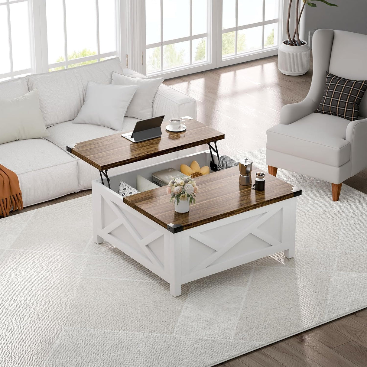 MU Lift Top Coffee Table, Square Coffee Table with Hidden Storage, Farmhouse Wood Table with Charging Station and Barn Door for Living Room, White MU