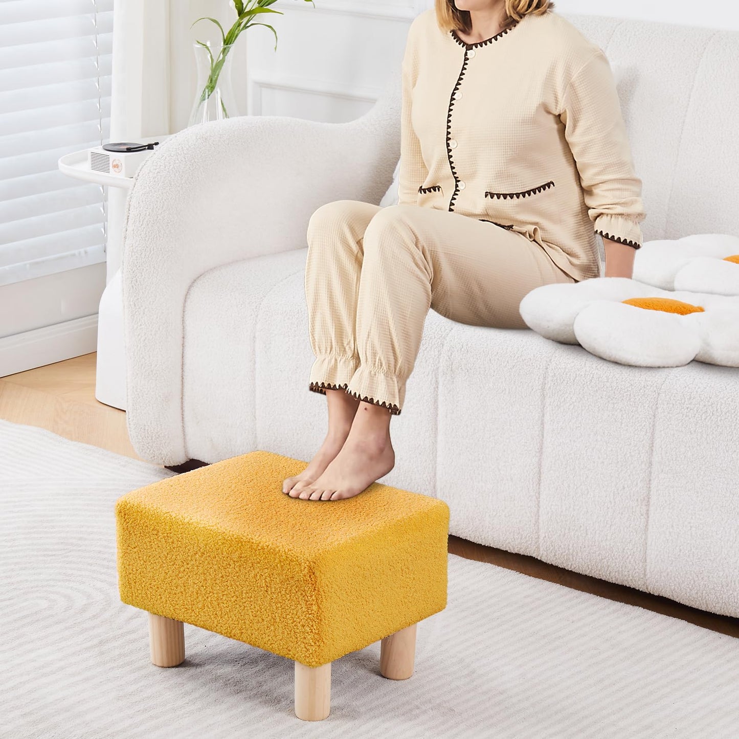 Wimarsbon Ottoman,Modern Footrest with Soft Padded Seat,Teddy Velvet Foot Stool with Wood Legs,Small Square Pouf for Living Room，Bedroom and Office (Brilliant Yellow)