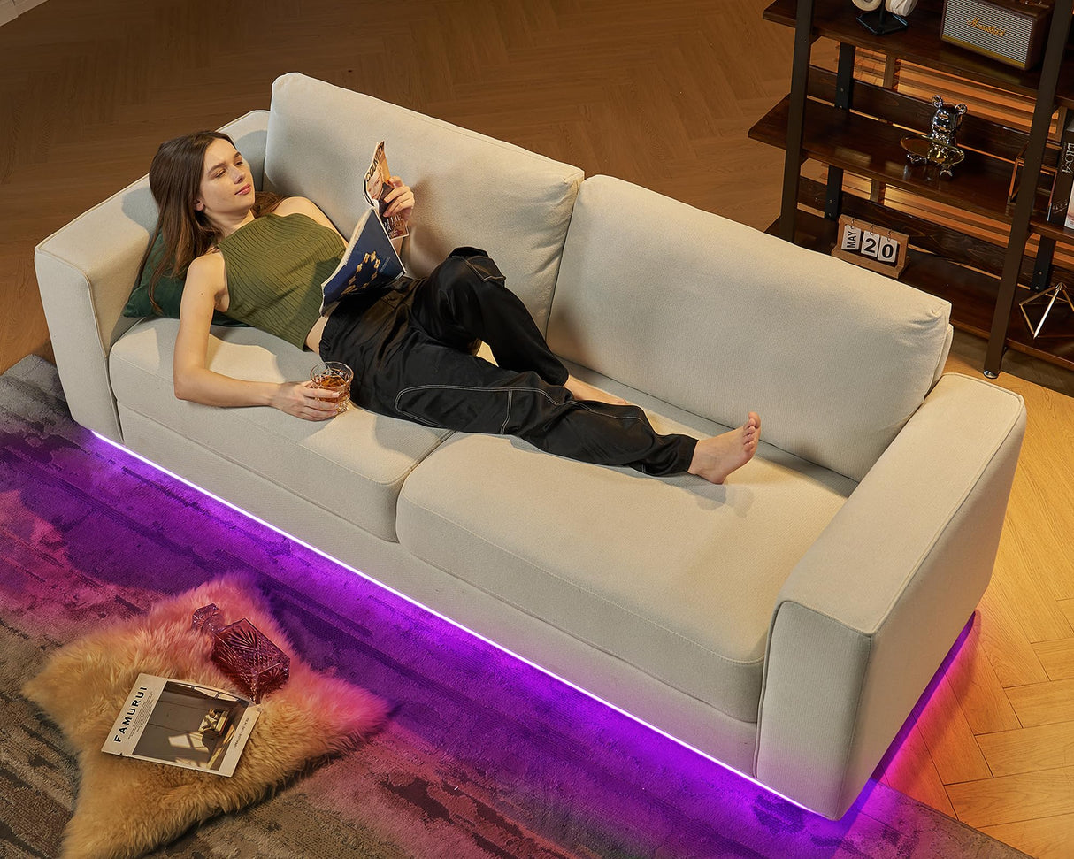 Jocisland Sofa, 89 Inch Modern Sofa with LED Lights, 3 Seater Floating Sofa with Deep Seat, Oversized Couches for Living Room, Linen Beige Sofa Couch Jocisland