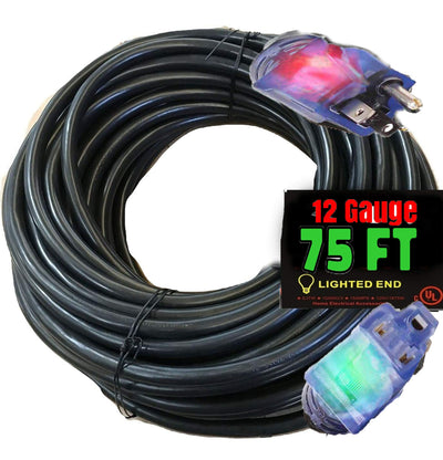 pizety 12/3 75 FT Extension Cord Indoor Outdoor Heavy Duty Electrical Cord 12 Gauge 15 Amps 1875 Watts UL Listed 75 Foot Black 12 Gauge Extension Cord 12 AWG Copper Grounded with Lighted Ends (Black)