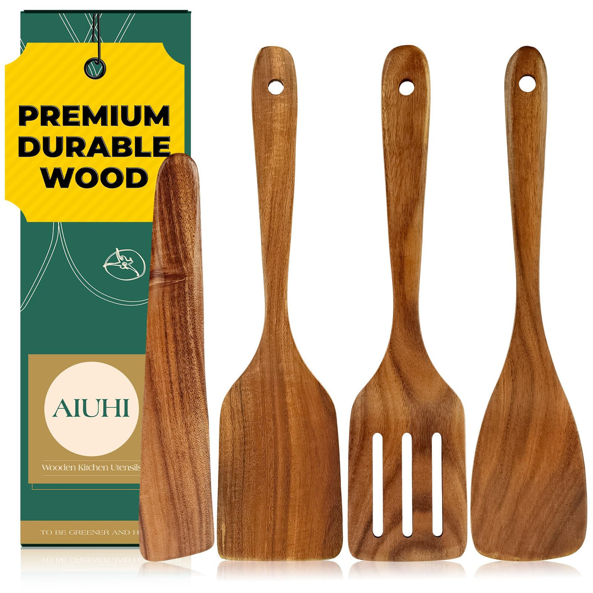 Handmade Wooden Cooking Utensils, Premium Natural Teak Wood Turner Set for Any Cookware, Long Handle Nonstick Spatula for Kitchen Use, Set of 4 AIUHI