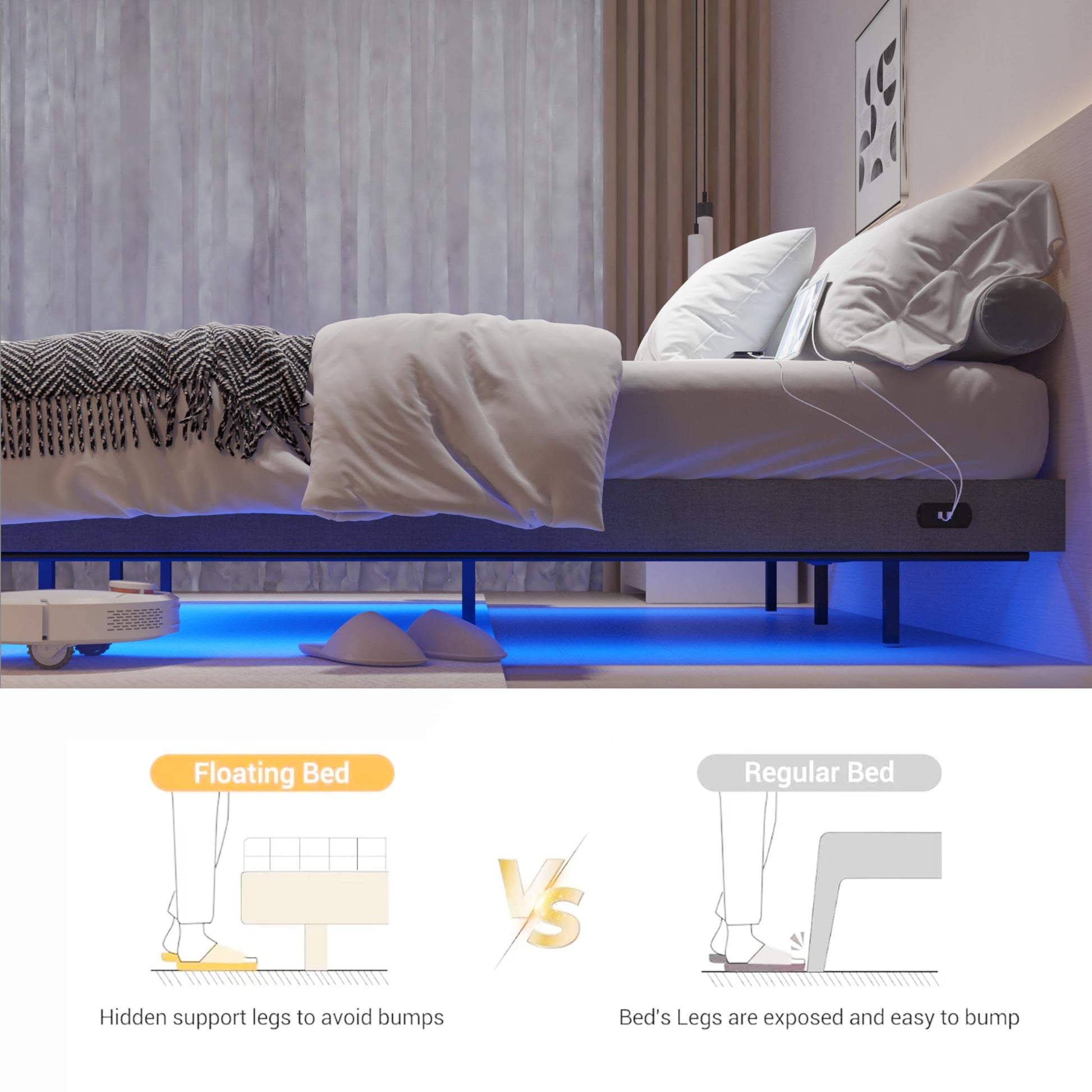 SAVOLIFE Queen Size Floating Bed Frame with LED Lighting and Built-in Charging Station - WoodArtSupply