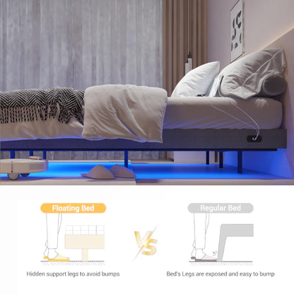 SAVOLIFE Grey Queen Floating Bed Frame with LED Strips and Built-in Charging Station - WoodArtSupply