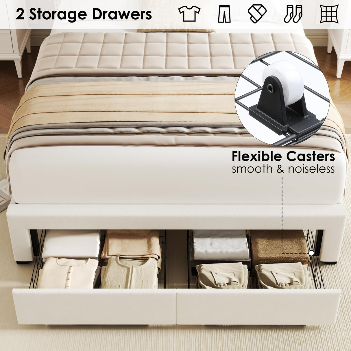 HIFIT Full Bed Frame with 2-Tier Storage Headboard & Hidden Storage, Velvet Upholstered Platform Bed Frame with 2 Drawers, Full Bed with Nailhead Headboard Built-in Charging Station & LED, Beige HIFIT