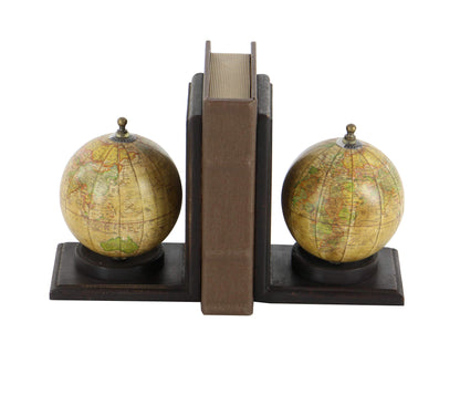 Deco 79 Rustic Mango Wood Bookends Metal Globe Book End 8" H, 6" W-38119, 8" and 8" H, Textured Multicolor Finish