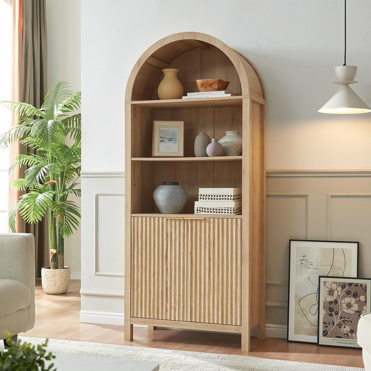WINWY Arched Cabinet Bookshelf Bookcase - 71” Tall Mid Century Arched Display Cabinets, Rounded Bookshelf with Fluted Doors, Open Shelf Storage Cabinet for Dining Room (Natural) WINWY