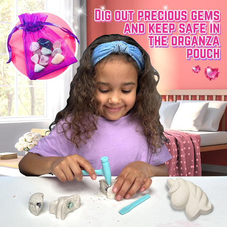 GirlZone Unicorn Gemstones Discovery Dig Kit, 13 Gemstone Dig with Slime and Precious Gems, Gift-Ready DIY Bracelet Kit, STEM Craft for Kids Age 12-14, Perfect for Valentine Gifts GirlZone