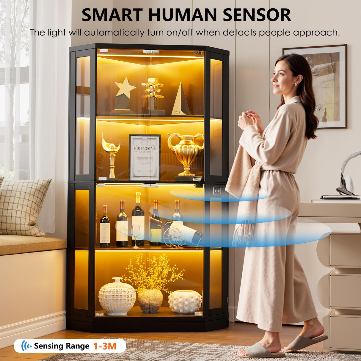 PAKASEPT Corner Display Cabinet with Glass Doors, 66.3”Corner Curio Cabinets with LED Lights, 4-Tier Display Shelf with Human Body Sensor for Toys, Books, Collectibles PAKASEPT