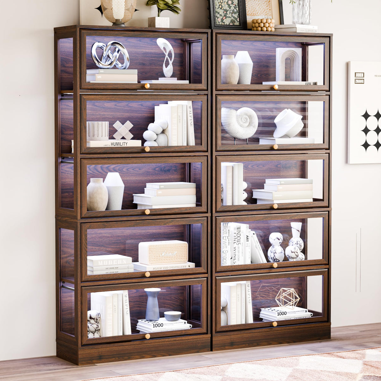 BONITURE Display Cabinet with Acrylic Glass Doors,5-Tiers Curio Cabinet with LED Lighting for Collectibles, Collectibles Toy Organizers Rack & Display Shelf Display Case Storage Cabinet, Walnut BONITURE