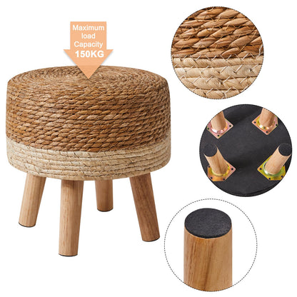 YMYNY Foot Stool Natural Seagrass Hand Weave, 12.6" Small Ottoman, Round Footrest for Living Room, Bedroom, Entryway, Change Shoes Stool, Non-Skid Wood Legs, Boho, Natural+White, UHBD027W - WoodArtSupply