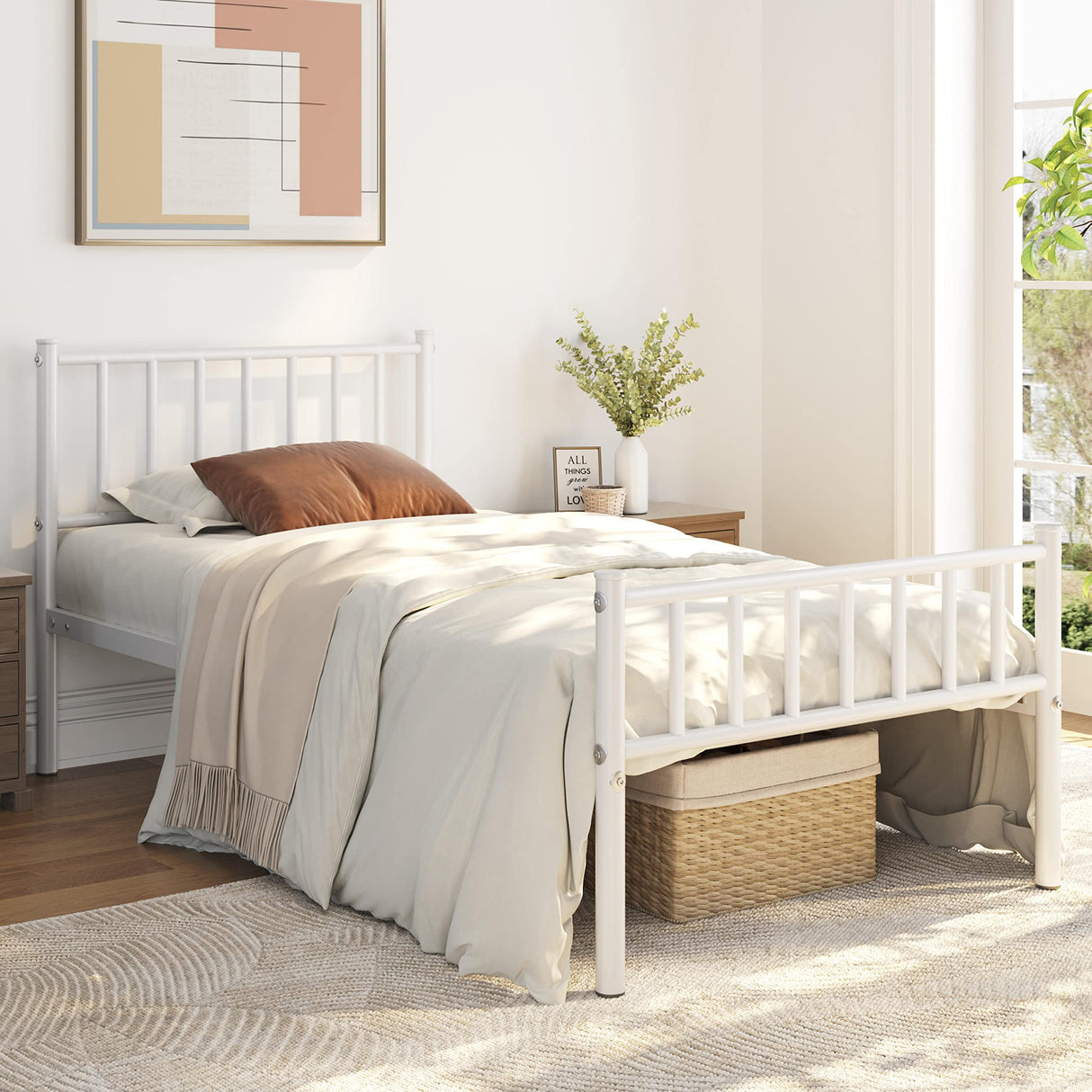 Yaheetech Twin Size Bed Frame Metal Platform Mattress Foundation with Spindle Headboard & Footboard/No Box Spring Needed/14 Inch Underbed Storage/Firm Support Easy Set up Structure, White Yaheetech