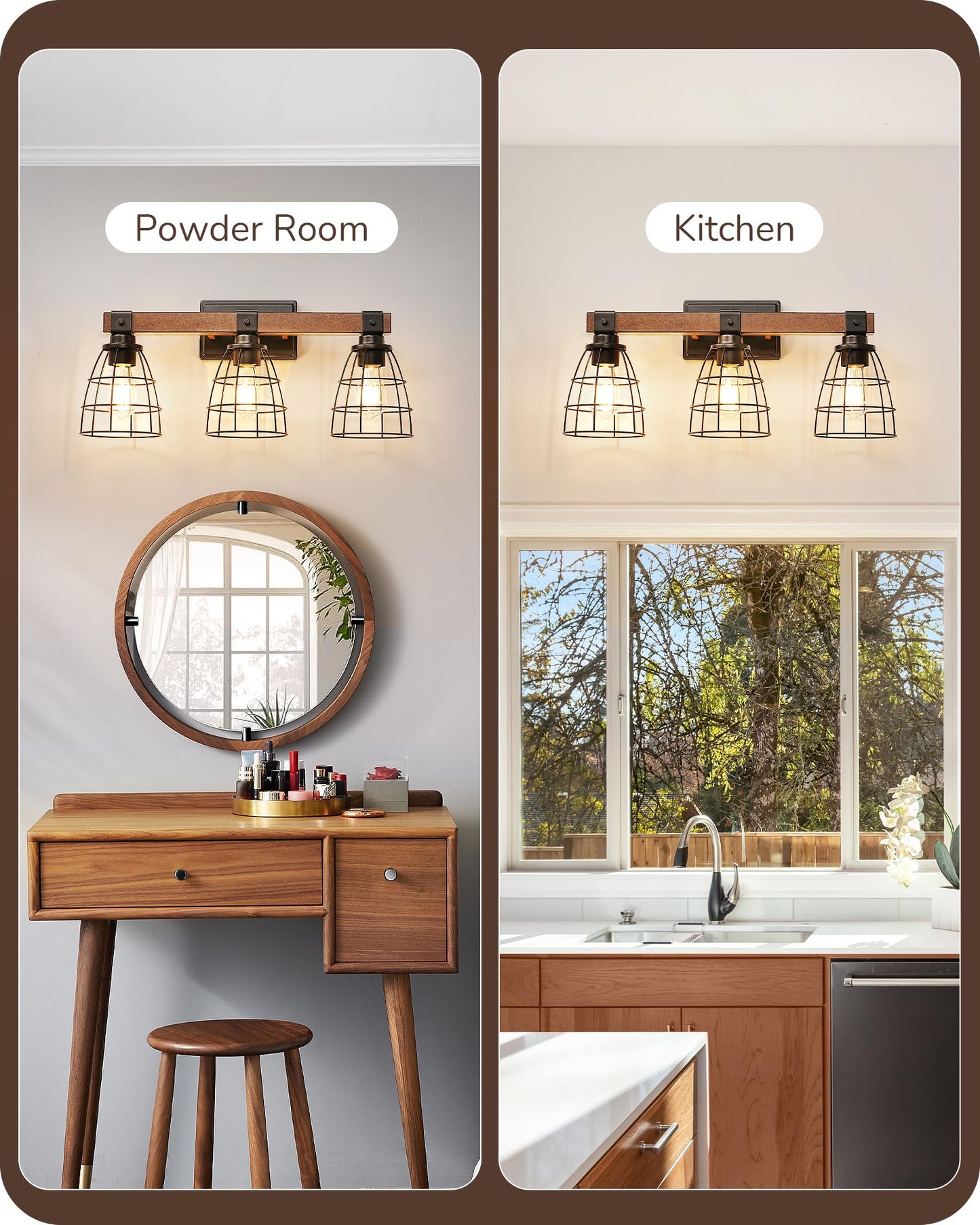 EDISHINE Large 24'' Farmhouse Vanity Lights for Bathroom, Industrial Painted Wood Bath Wall Sconces, 3-Light Bathroom Lighting Fixtures Over Mirror with Metal Cage for Powder Room - WoodArtSupply