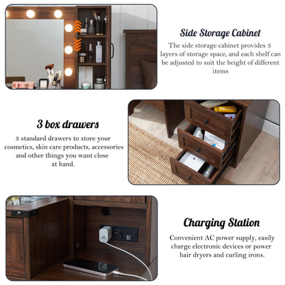 ACCOHOHO Farmhouse Vanity Desk with Mirror and Lights, 43" Wide Makeup Vanity with Glass Tabletop and Charging Station, Modern Vanity Table Set with Storage and Stool for Bedroom, Brown