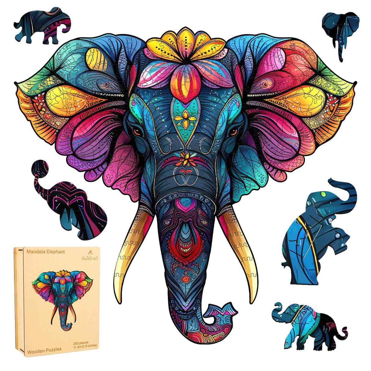 Ruikiyart Wooden Puzzles for Adults Mandala Elephant Jigsaw Puzzles 200Pcs Unique Shapes Colorful Animal Puzzles Fabulous Gift for Kids and Adults on Birthday,Thanksgiving,Christmas 11.8x12.8 Inches Ruikiyart