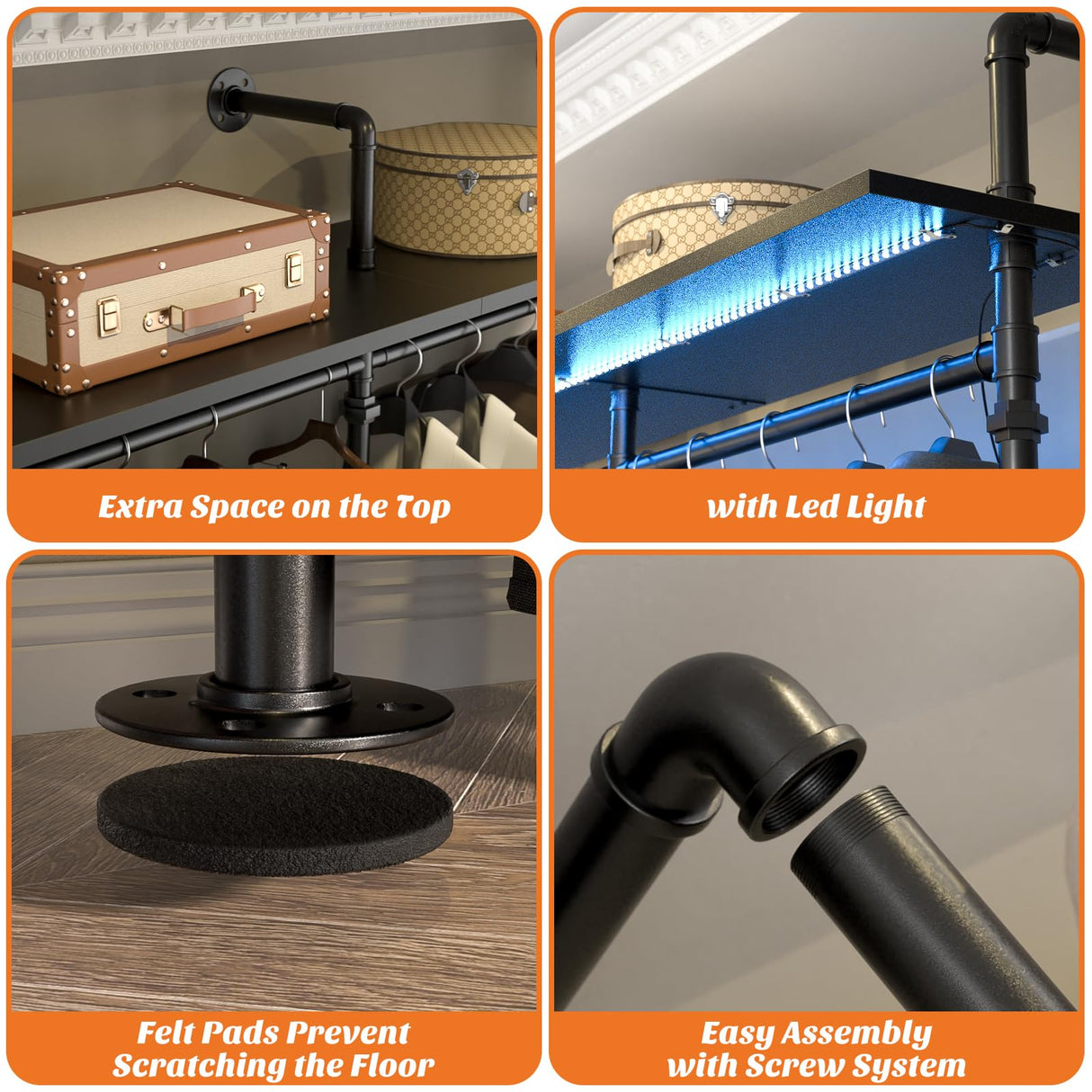 Aheaplus Industrial Pipe Clothing Rack, Reversible 79.7'' Clothes Rack for Hanging Clothes, Heavy Duty Garment Racks Closet Wardrobe with LED Lights& Shelves, Walk-in Closet System, Black Aheaplus