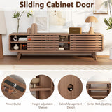 Royal Windsor Modern TV Stand for Living Room, Media Console Cabinet with Socket, Large Entertainment Center with Storage, TV Table with Slatted Sliding Doors and Open Shelves, Reddish Brown Royal Windsor