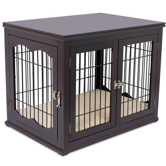 BIRDROCK HOME Decorative Dog Kennel with Pet Bed | Small | Fits Small Dogs | Double Door | Indoor Pet Crate Engineered Wood & Wire Furniture House for Dogs| Side Table | Nightstand – Espresso