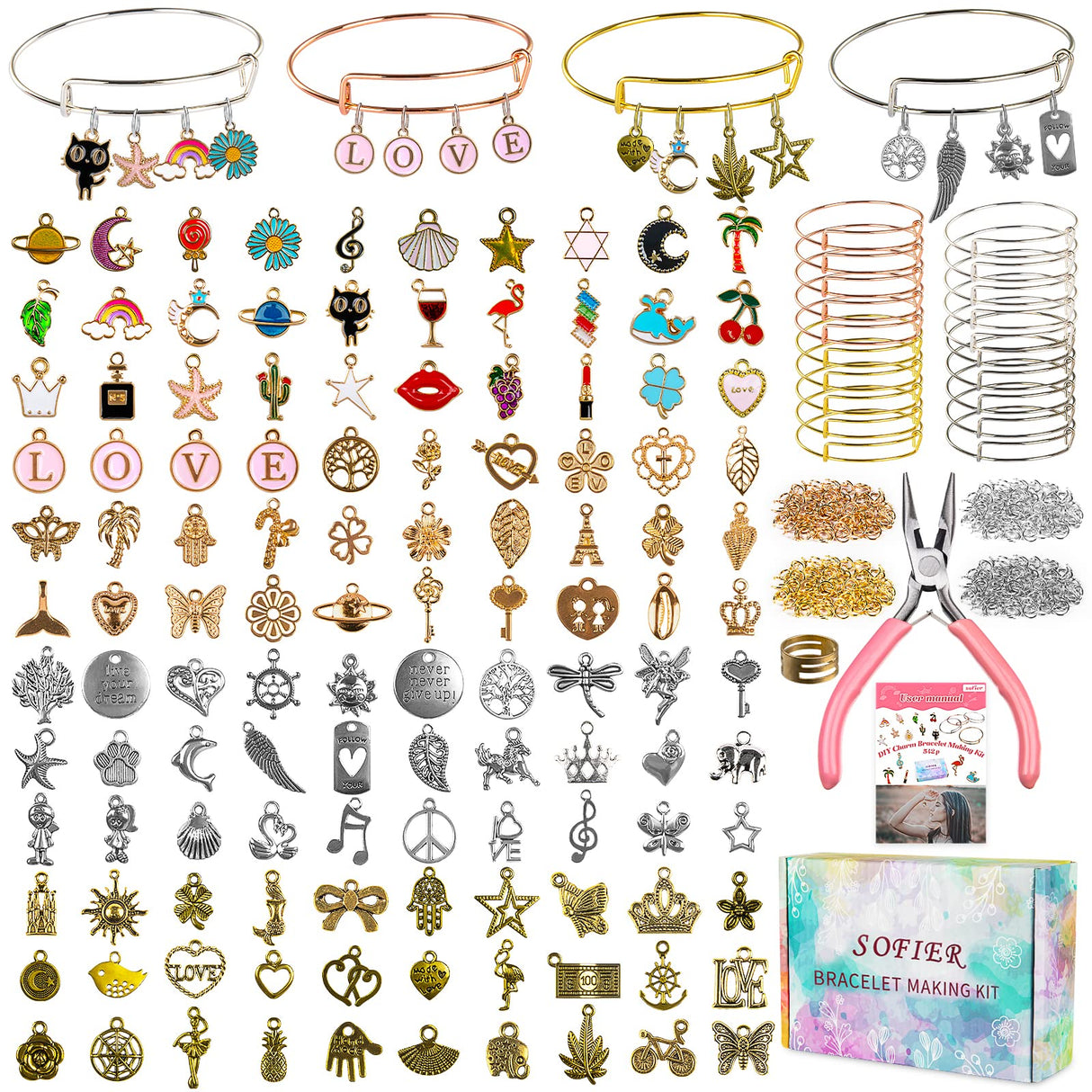 Sofier 542pcs Bangle Bracelet Making Kit DIY Jewelry Making Kit and Supplies Expandable Charm Bracelets Pendants Plier Set Toy Art Craft Gift for Girl Teen Women Adult Sofier