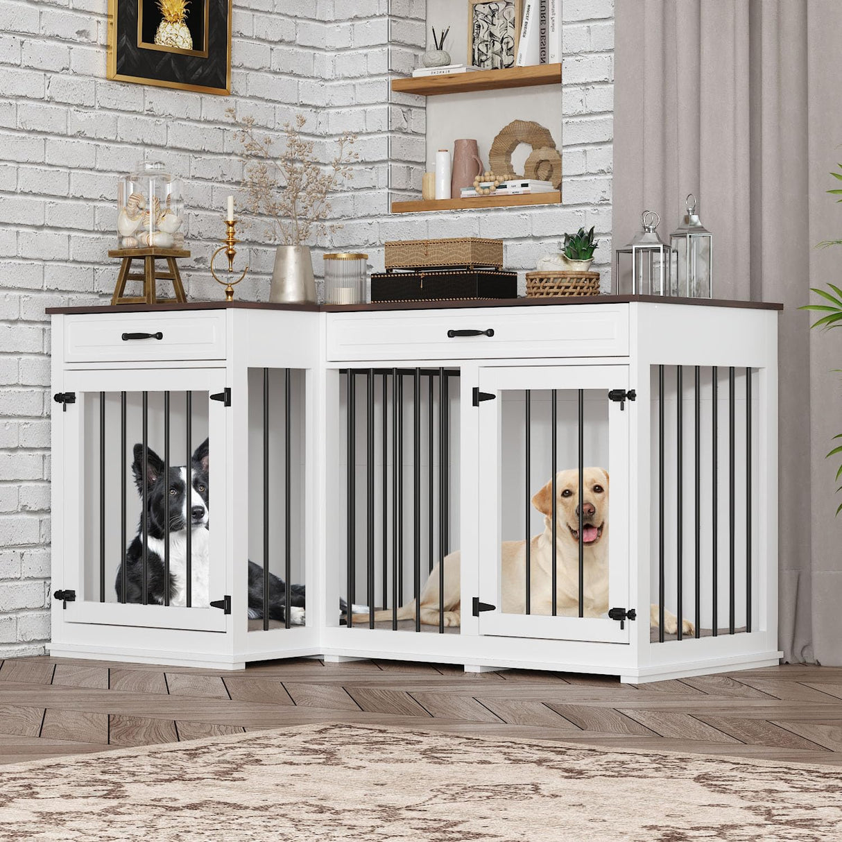 DAWNSPACES Large Corner Dog Crate Furniture for 2 Dogs, 59" Indoor Wooden Furniture Style Dog Kennel House with Double Rooms, Drawers & Removable Divider for Large & Medium Dogs, White DAWNSPACES