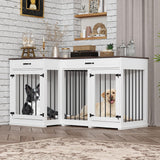 DAWNSPACES Large Corner Dog Crate Furniture for 2 Dogs, 59" Indoor Wooden Furniture Style Dog Kennel House with Double Rooms, Drawers & Removable Divider for Large & Medium Dogs, White DAWNSPACES