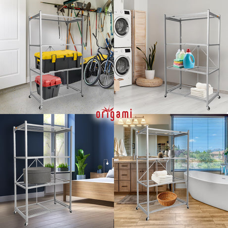 Origami 4-Tier Storage Shelves on Wheels, Steel Shelving Holds 1000 pounds, Heavy Duty Garage Storage & Organization, Closet Organizer, Utility Shelf Origami