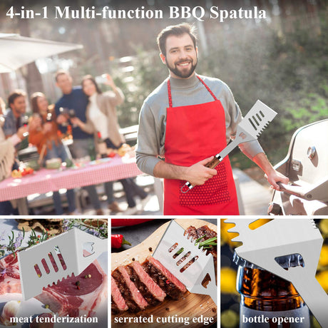 ROMANTICIST 25pcs Extra Thick Stainless Steel Grill Tool Set for Men, Heavy Duty Grilling Accessories Kit for Backyard, BBQ Utensils Gift Set with Spatula,Tongs in Aluminum Case for Birthday Brown ROMANTICIST