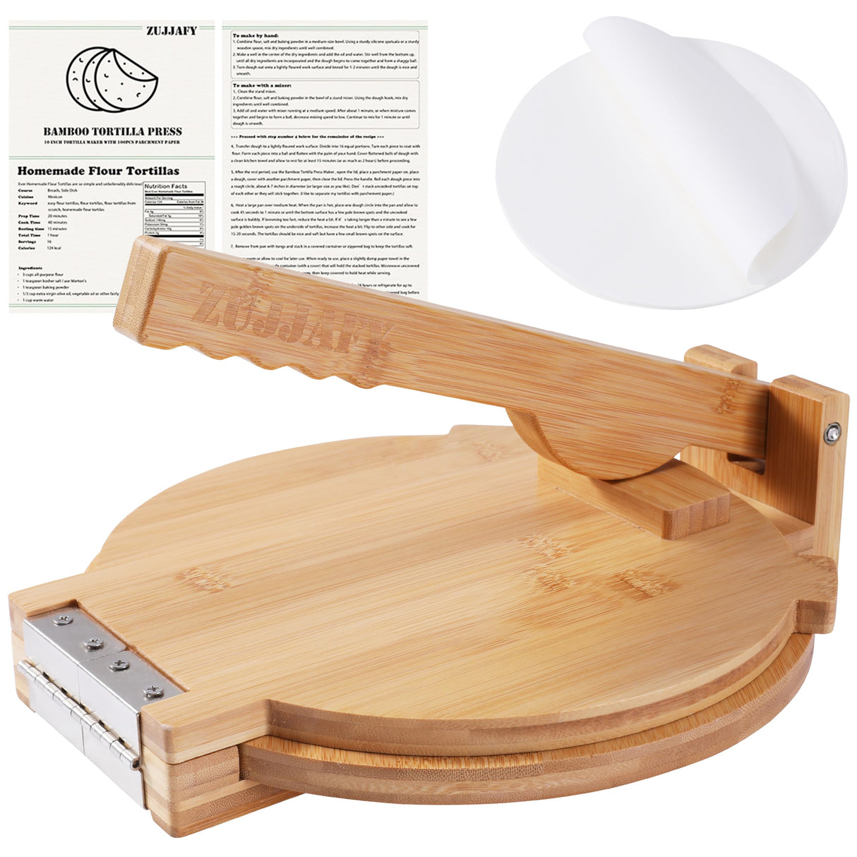 ZUJJAFY Tortilla Press 10 Inch Bamboo Tortilla Maker with 100 Parchment Paper, Mexican Tortillera Presser Homemade Tortillas Pataconera Dough Press ZUJJAFY