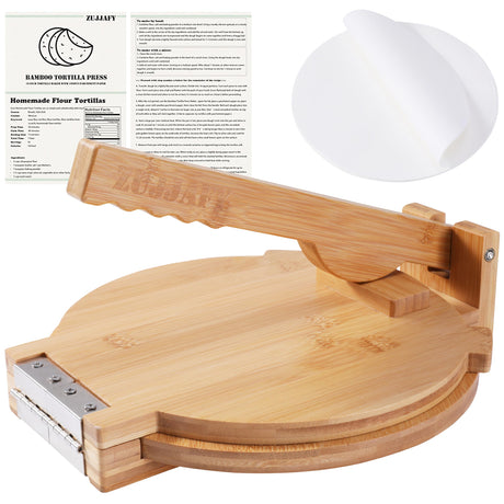 ZUJJAFY Tortilla Press 10 Inch Bamboo Tortilla Maker with 100 Parchment Paper, Mexican Tortillera Presser Homemade Tortillas Pataconera Dough Press ZUJJAFY