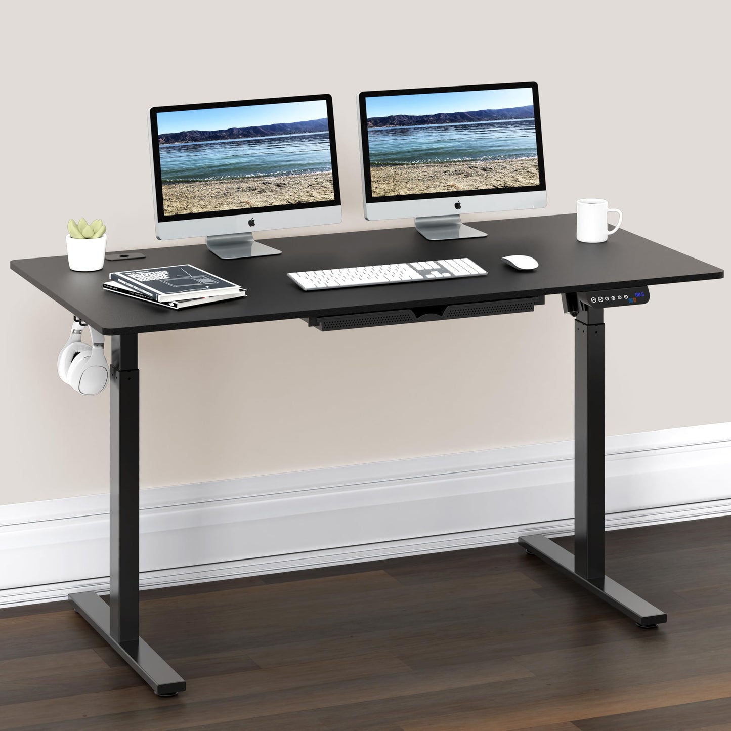 SHW 55-Inch Large Electric Height Adjustable Standing Desk, 55 x 28 Inches, Black - WoodArtSupply