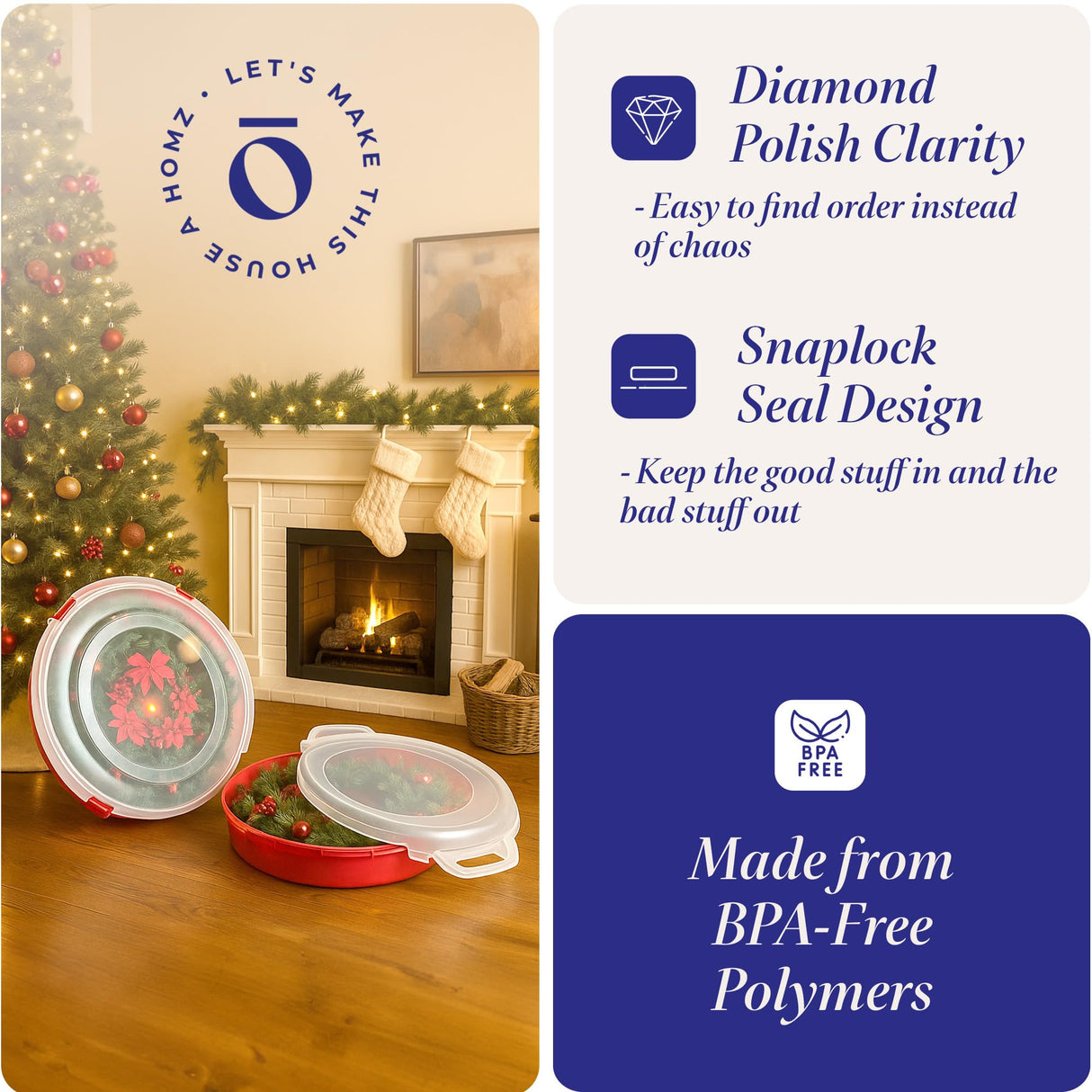 HOMZ 6-Pack Seasonal Holiday, Decorative Wreath Storage Organizer, 24 Inch, Red & Clear - Stackable Plastic Containers for Christmas Ornament Decorations HOMZ