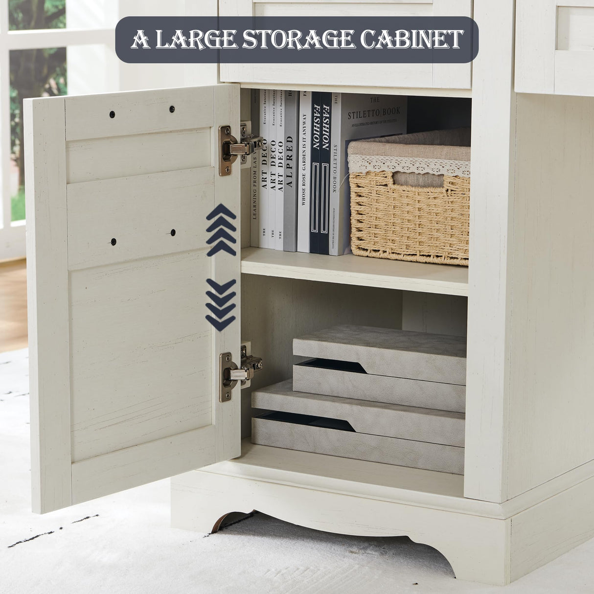 RedLemon 60" Farmhouse L Shaped Executive Desk with Drawers, Wood Home Office Corner Desk with Charging Station, File Drawer, Storage Cabinet, Rustic Computer Writing Desk (Antique White) RedLemon