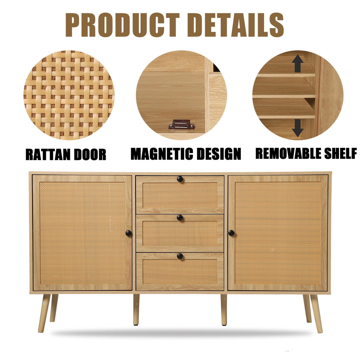 Oubayajia Rattan Sideboard Buffet Cabinet, 57.87" Rattan Accent Cabinet Storage Cabinet Console Table with 3 Drawers & 2 Doors and Adjustable Shelves for Kitchen, Dining Room, Living Room (Oak) Oubayajia