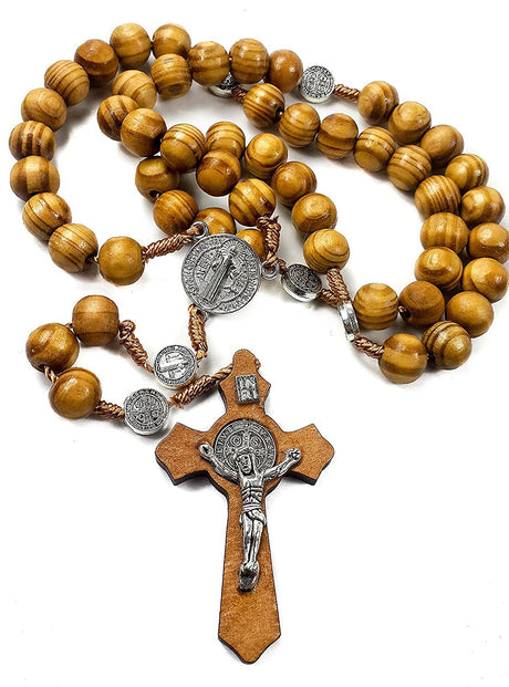 Nazareth Store Wood Beads Rosary Necklace Saint Benedict Medal & Catholic Cross Religious Prayer Chaplet String Handmade - Velvet Bag Nazareth Store