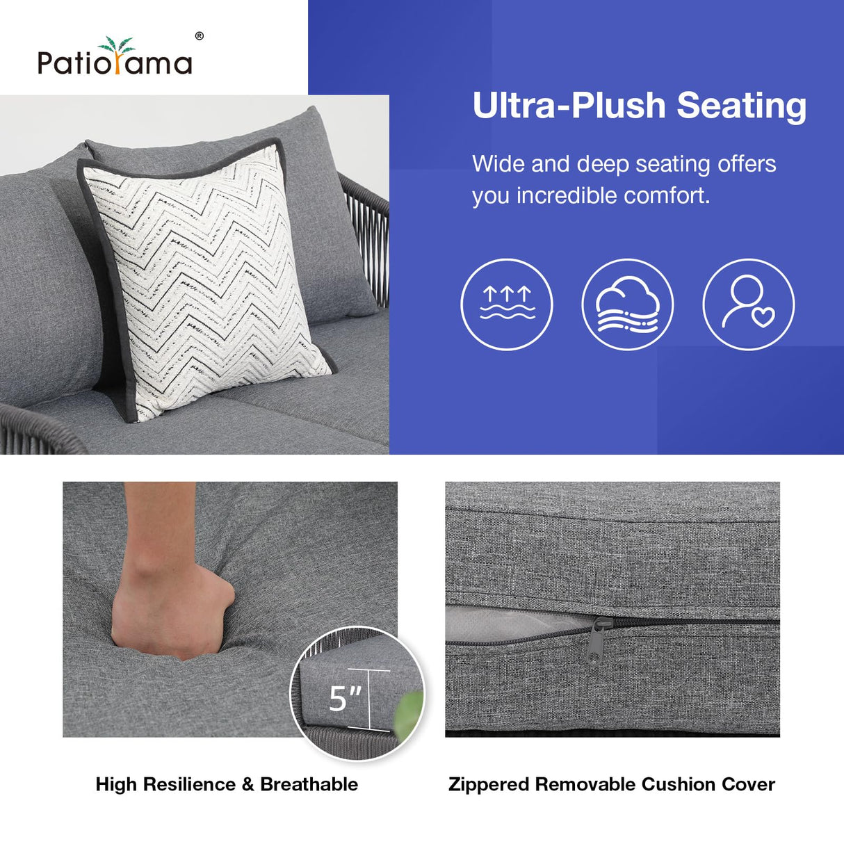 Patiorama 4 Piece Patio Furniture Set, Outdoor FSC Certified Acacia Wood Conversation Set, All-Weather Rope Sofa Set w/Coffee Table, Loveseat, Modern Deep Seating Set for Lawn Balcony Poolside, Grey Patiorama