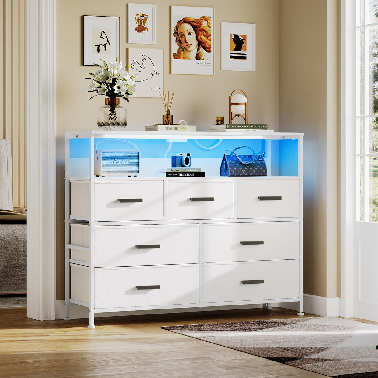 NASHZEN Dresser TV Stand with 7 Drawers, Dresser TV Stand with LED Lights & Power Outlets, Bedroom Dresser, Chest of Drawers up to 45'' Long TV, Wide Fabric Dresser with Open Shelf (White) NASHZEN