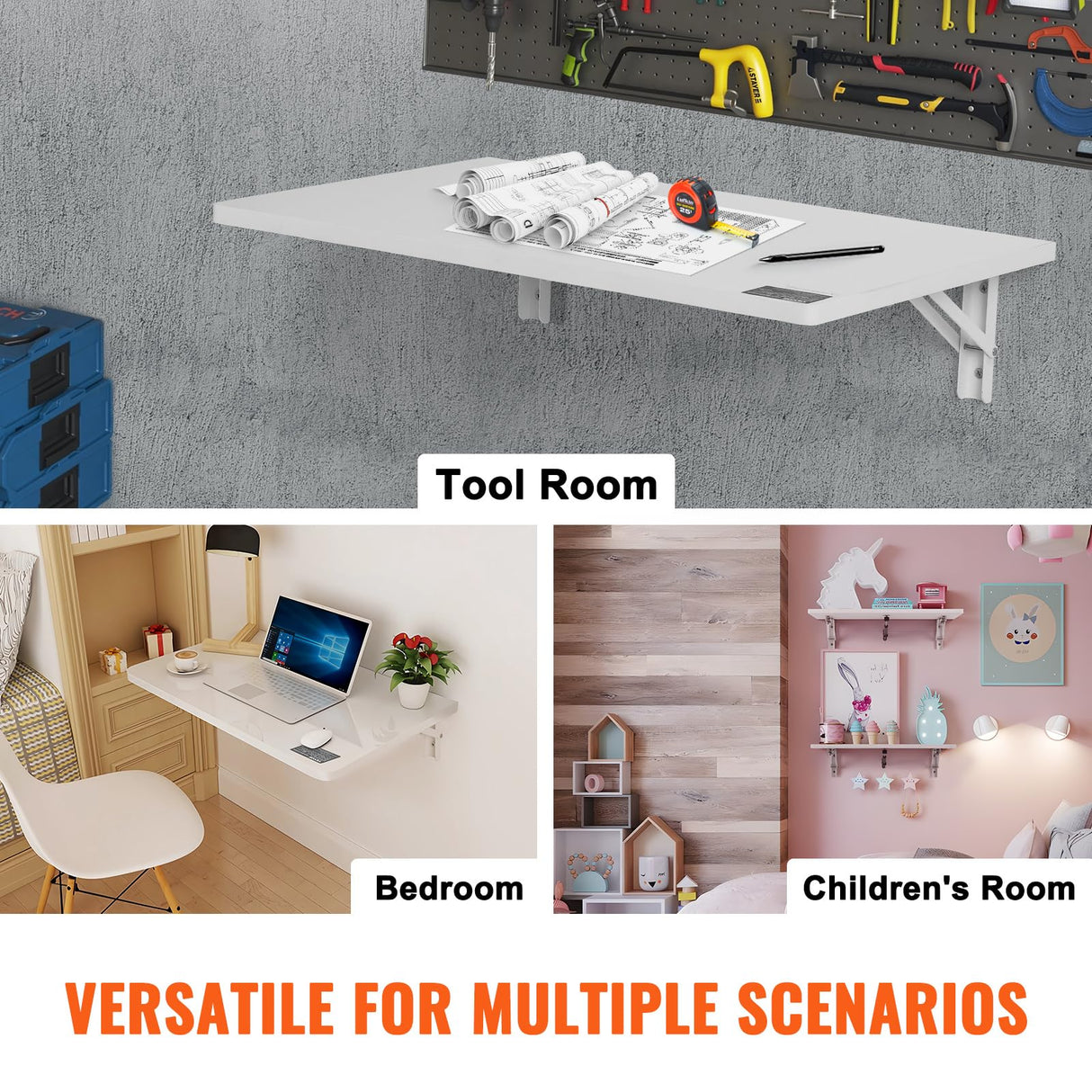 VEVOR Wall Mounted Folding Table, 23.62" x 15.75" Wall Mount Drop Leaf Table, Floating Desk with Iron Bracket, Fold Down Desk for Small Spaces, Home Office, Dining, Laundry Room, Kitchen, Bar, White VEVOR