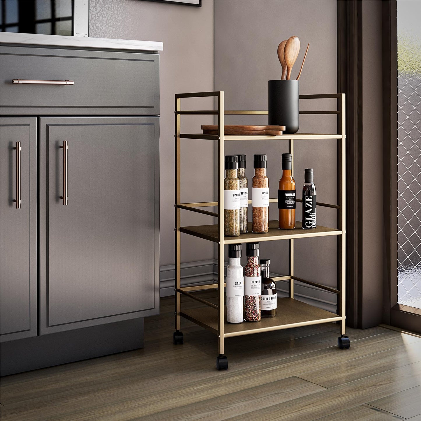 Novogratz Helix Small Bar Cart for the Home, 3 Tier Rolling Cart With Wheels, Kitchen Cart with Storage for Beverages and Wine, Gold - WoodArtSupply