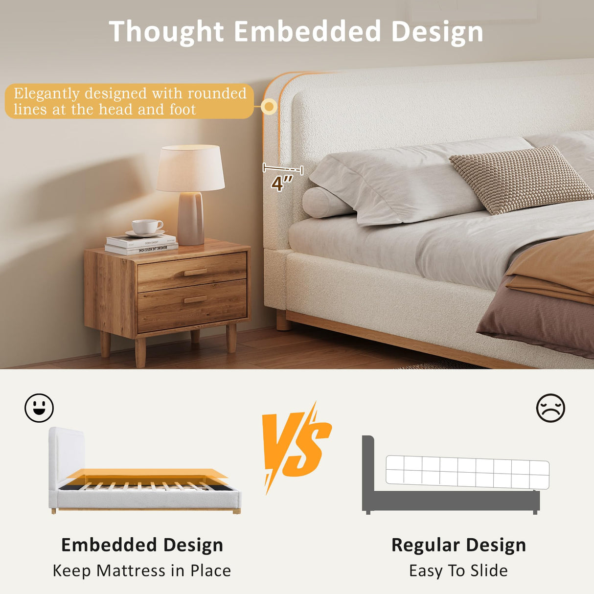 Merax King Size Boucle Bed Frame with Curved Headboard, White Upholstered Cloud Platform Bed, Solid Wood Base, Soft Rounded Corners Design, No Box Spring Needed, Easy Assembly, White Merax