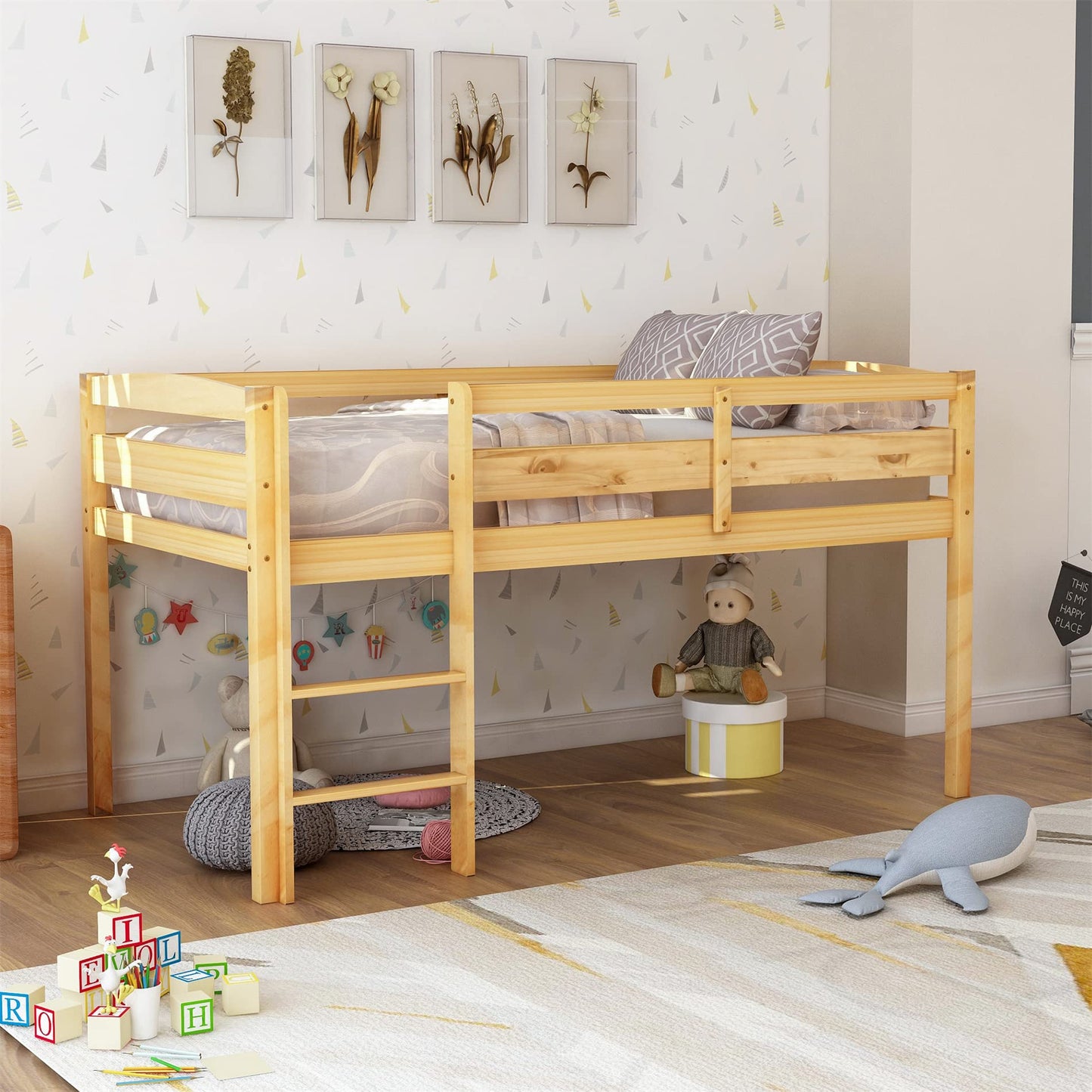 Harper & Bright Designs Twin Size Low Loft Bed with Ladder and Safety Guardrails in Natural Wood - WoodArtSupply