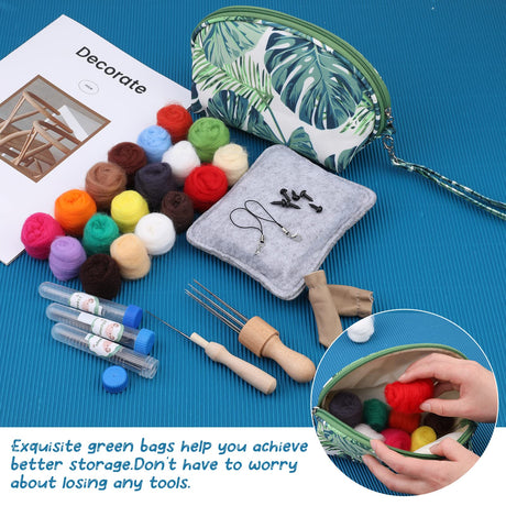 Needle Felting Kit, Needle Felting Starter Kit with Exquisite Green Storage Bag, Wool Roving 18 Colors Set, Needle Wool Felting Tools Kit, Wool Felt Tools for Felted Animal Needle Felting Supplies IMZAY