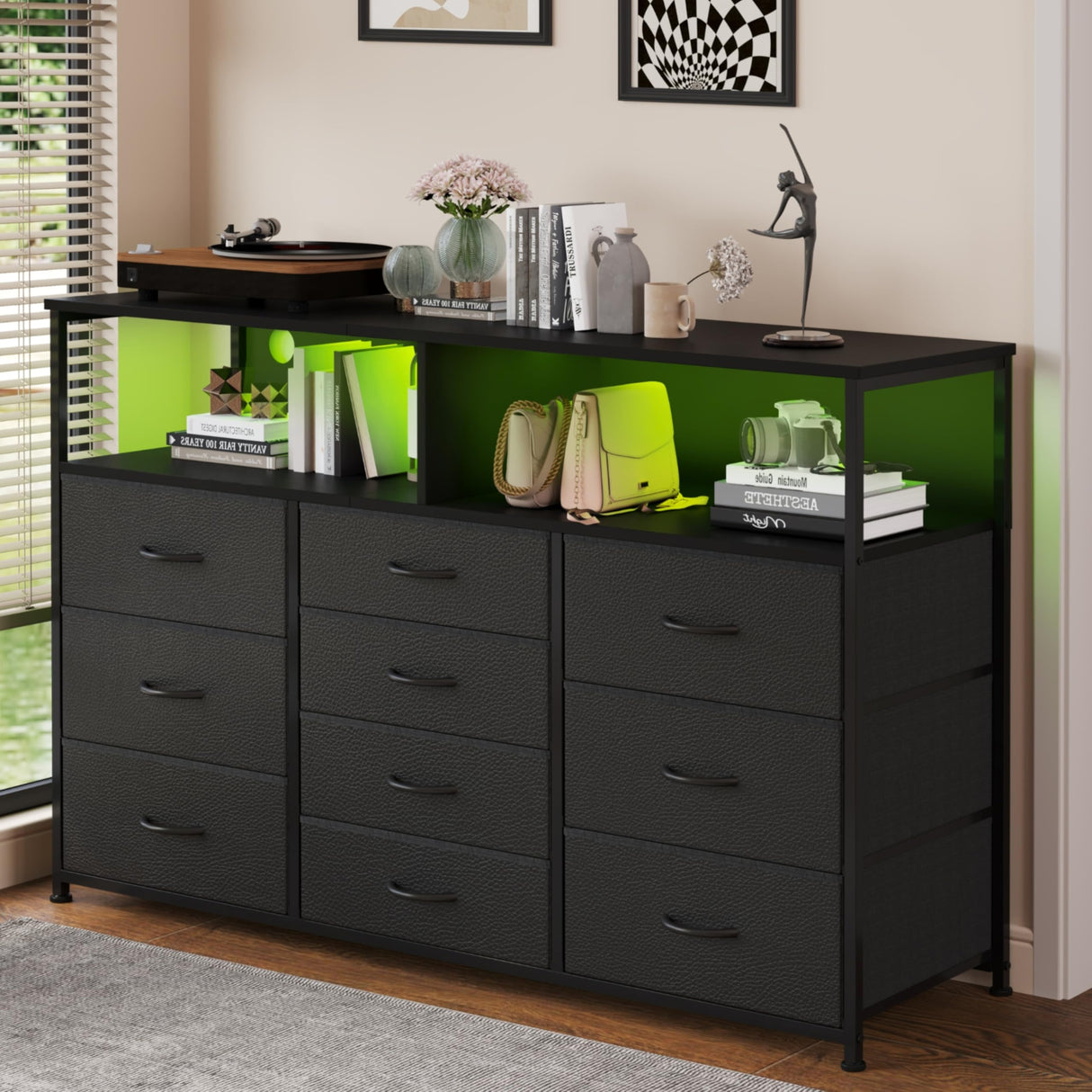 Unionly 55W 10-Drawers Dresser with 2 Open Storage Shelves, TV Stand Dresser for 55,65 inch TV，with Power Outlets and LED Lights, Fabric Dressers Drawers for Bedroom, Living Room (Black) Unionly