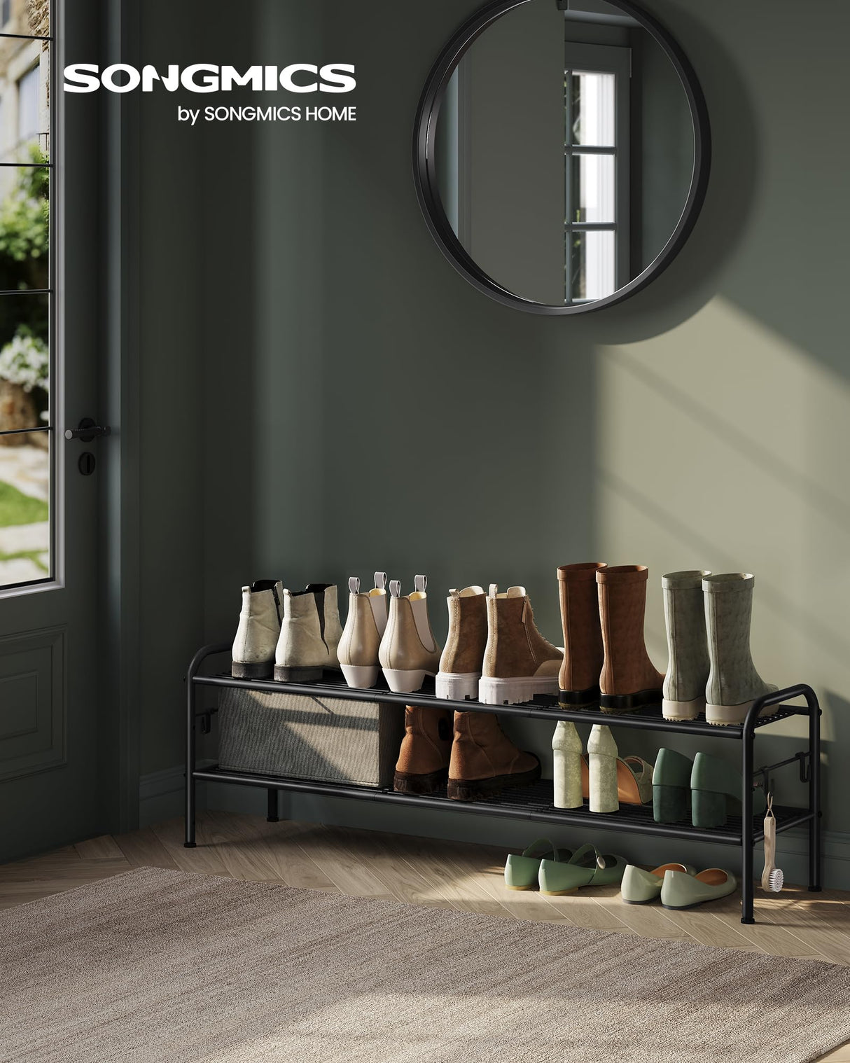 SONGMICS Shoe Rack, 2-Tier Shoe Organizer, Metal Shoe Shelf Storage with 4 Side Hooks, Holds 12 Pairs of Shoes, Height-Adjustable Shoe Rack for Entryway, Hallway, Closet, Easy Assembly, Ink Black SONGMICS