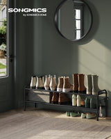 SONGMICS Shoe Rack, 2-Tier Shoe Organizer, Metal Shoe Shelf Storage with 4 Side Hooks, Holds 12 Pairs of Shoes, Height-Adjustable Shoe Rack for Entryway, Hallway, Closet, Easy Assembly, Ink Black SONGMICS