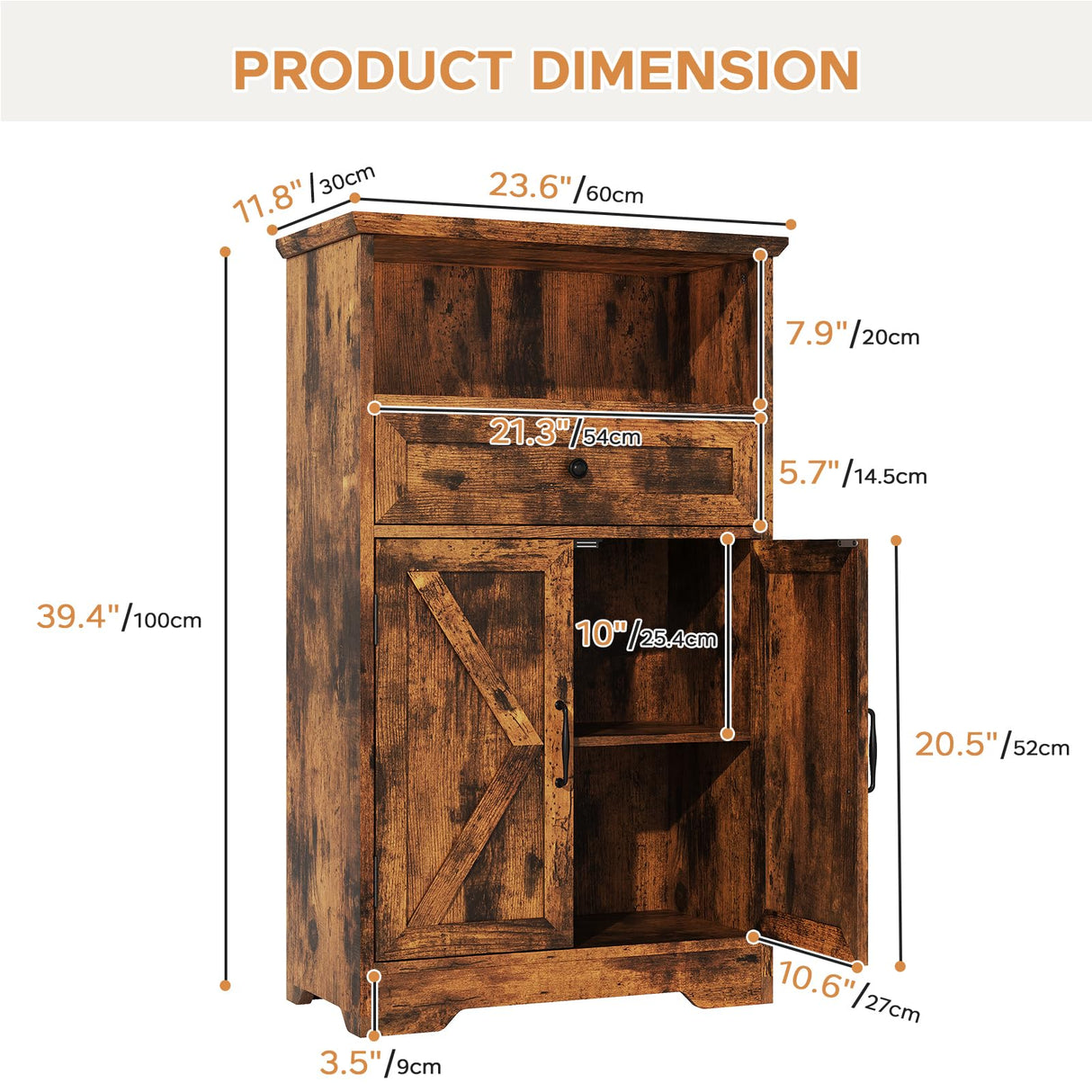 Viroformo Floor Cabinet, Farmhouse Storage Cabinet with Barn Doors and Drawer, 11.81" D x 23.62" W x 39.37" H Rustic Brown Freestanding Adjustable Shelf Organizer for Bathroom, Kitchen, Living Room Viroformo