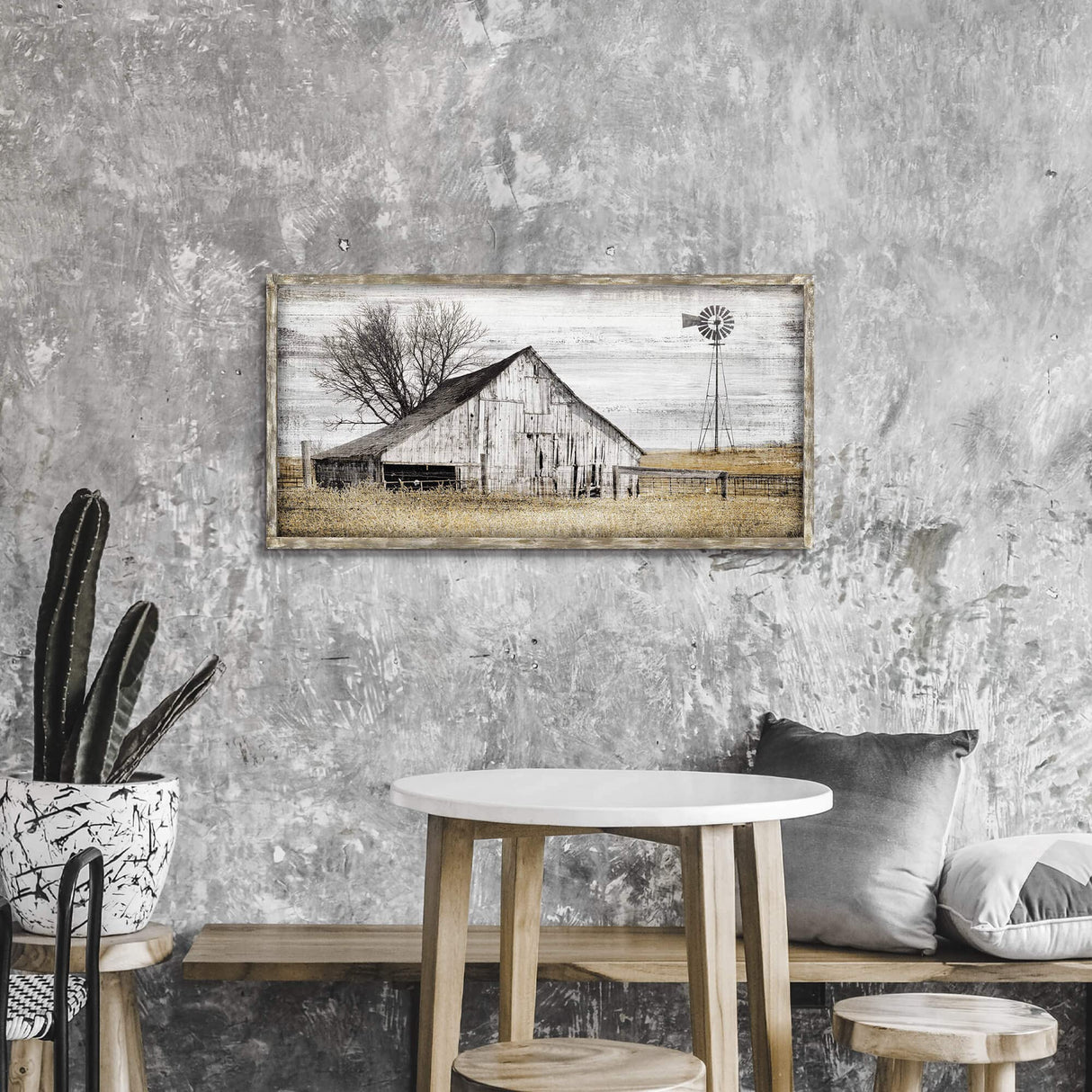 Barn Framed Wall Art Farmhouse: Rustic Farm Wood Picture Decor Large Windmill Country Scene Painting Horizontal Nature Landscape Artwork Panoramic Countryside View Print for Home Living Room Bedroom SD SOFT DANCE