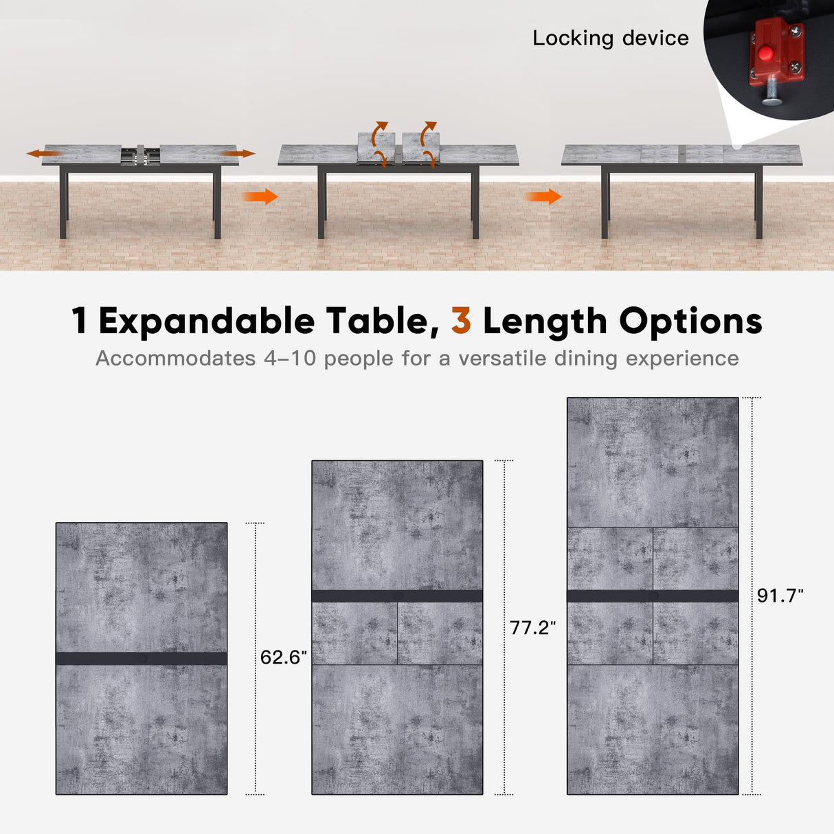 May in Color 92” Dining Room Table for 4-10 People, Large Extendable Dining Table, Rectangular Aluminum Kitchen Table for Living Room, Office Area, Grey May in Color