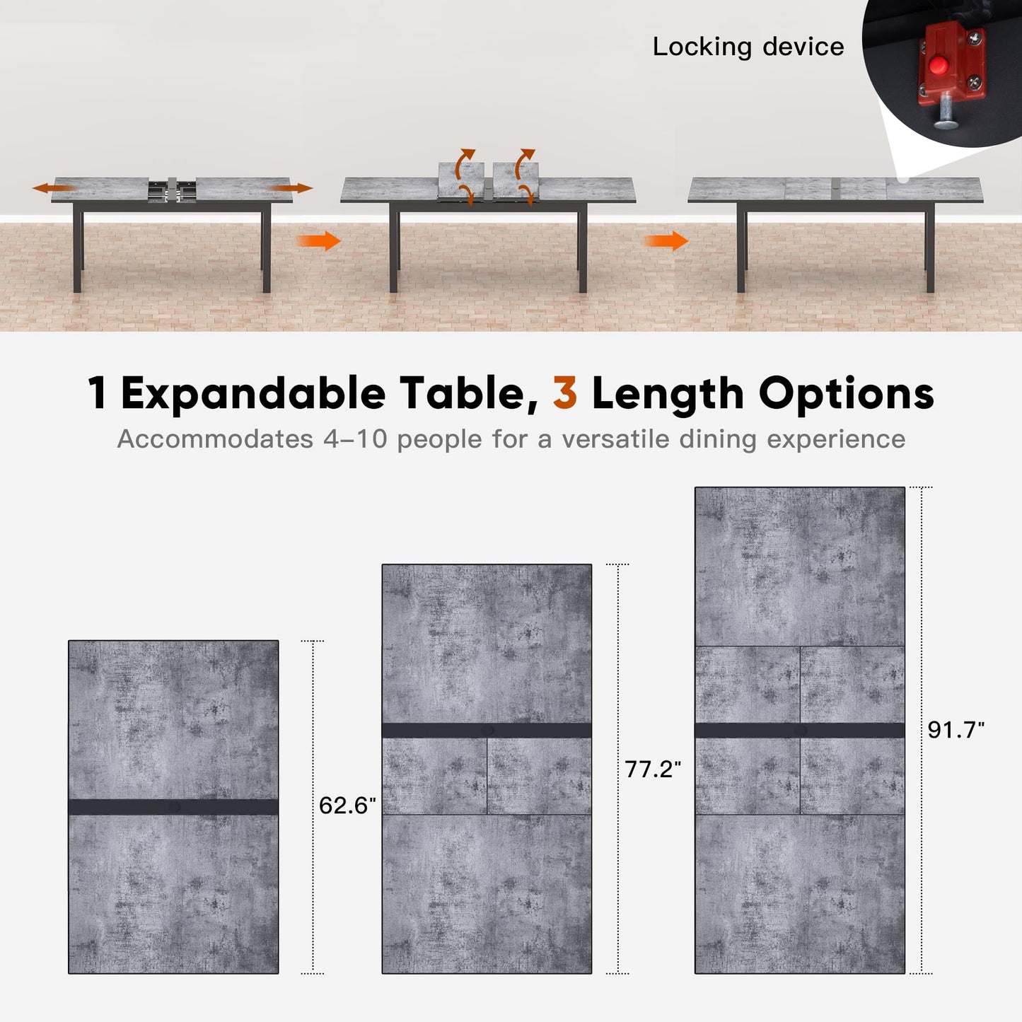 May in Color 92” Dining Room Table for 4-10 People, Large Extendable Dining Table, Rectangular Aluminum Kitchen Table for Living Room, Office Area, Grey - WoodArtSupply