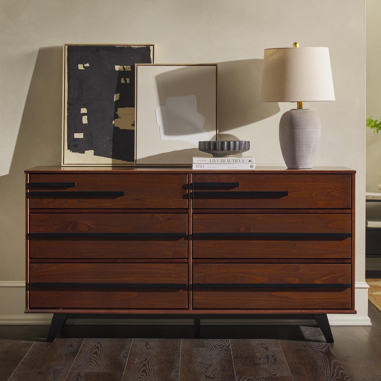 Walker Edison Malhia Contemporary Minimalist Solid Wood 6-Drawer Dresser, 60 Inch, Walnut Walker Edison