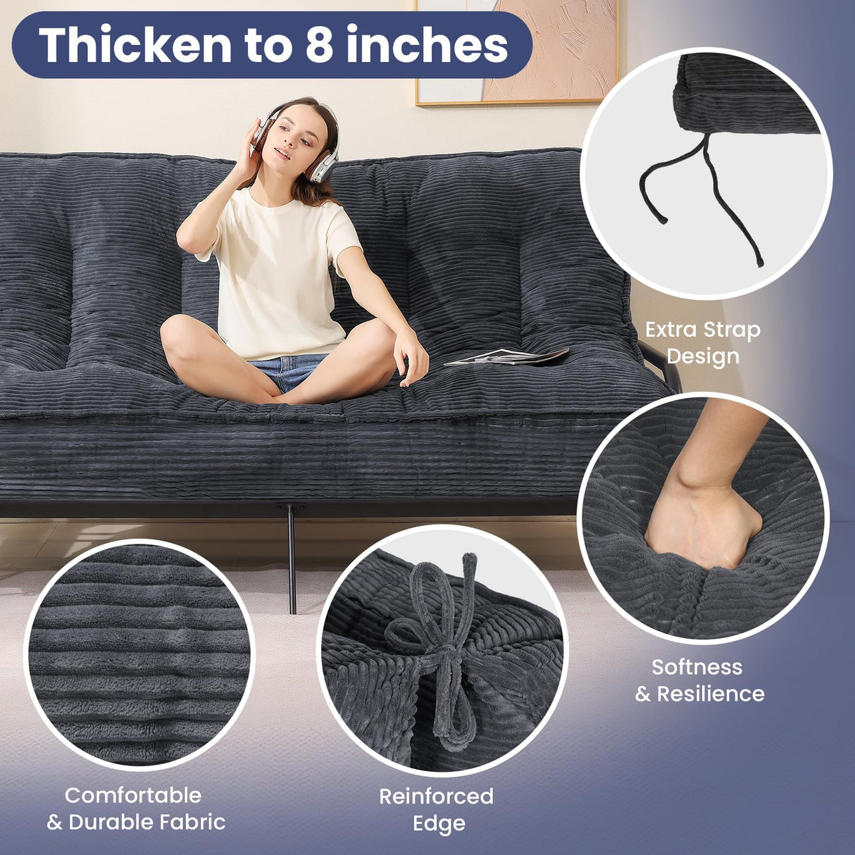 JUIKURY 8" Futon Mattress Full Size, Thick Futons Sofa Couch Bed Sleeper Sofa Bed, Floor Mattress for Adults, Roll Up Folding Mattres Shredded Foam Filling, Medium Firm(Frame Not Included) JUIKURY